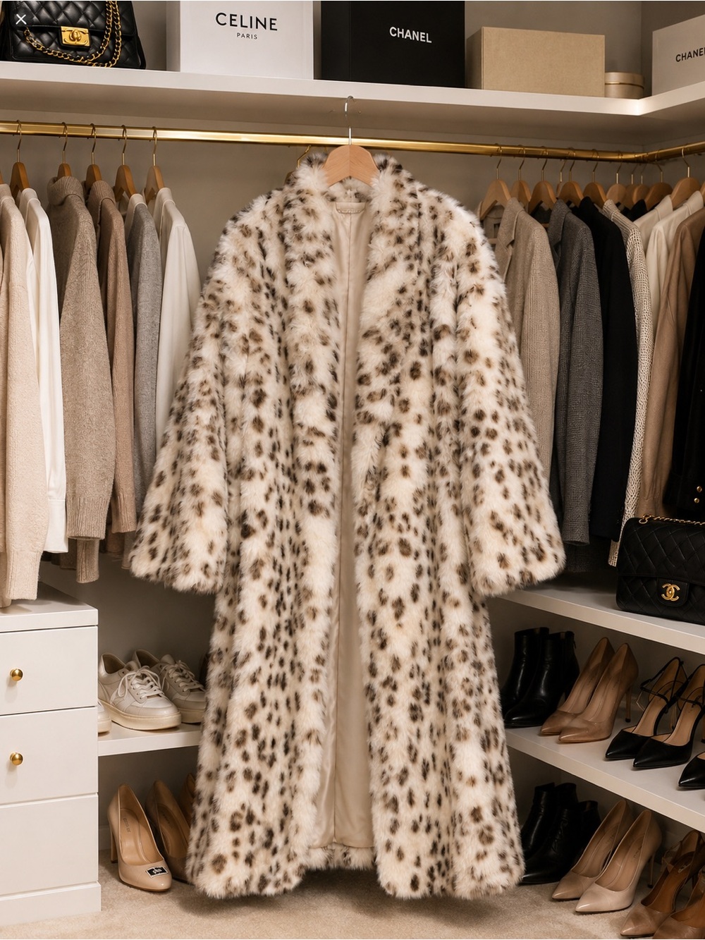 Leopard Print Faux Fur Long Coat - Cream and Brown Size M